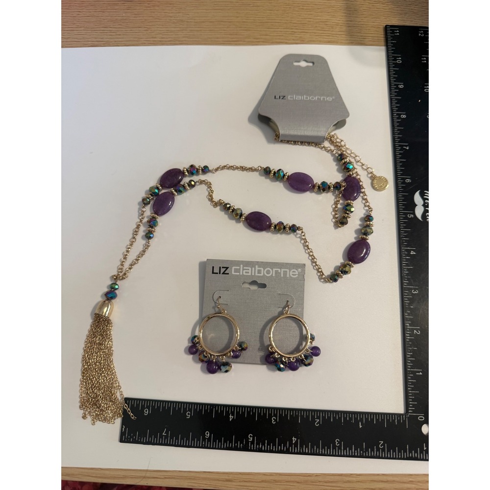 Liz Claiborne Gold Tone Purple Bead Tassel Necklace and Hoop Earring Set NWT